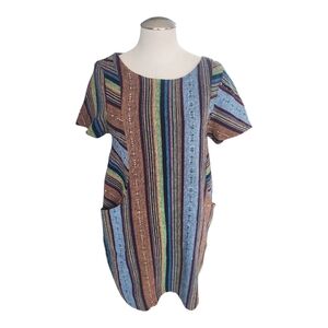 BoHo Hippie Drug Rug Carpet Striped Multicolor Short Sleeve Dress with Pockets L